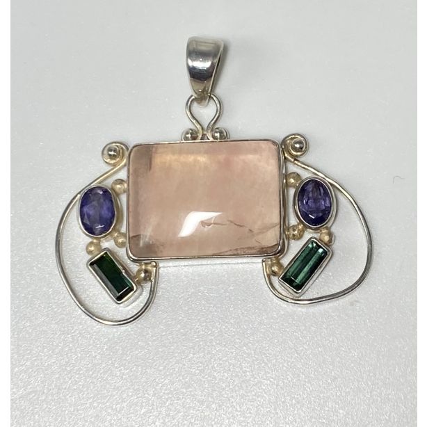 Rose Quartz, Green Tourmaline, Iolite Pendant P007