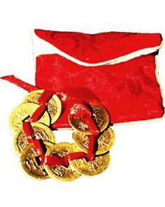 8 I Ching Coins tied with red ribbon and pouch