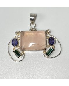 Rose Quartz, Green Tourmaline, Iolite Pendant P007